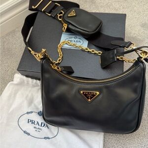 Prada Black Leather Shoulder Bag with Gold Hardware and Chain